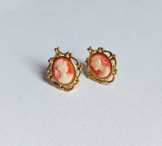 Gold, Coral and White Cameo Stud Earrings, Sterli… - image 1