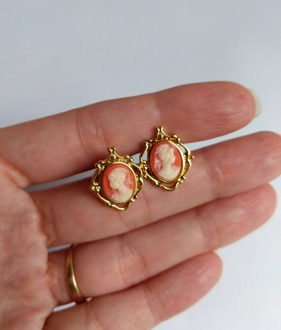 Gold, Coral and White Cameo Stud Earrings, Sterli… - image 4