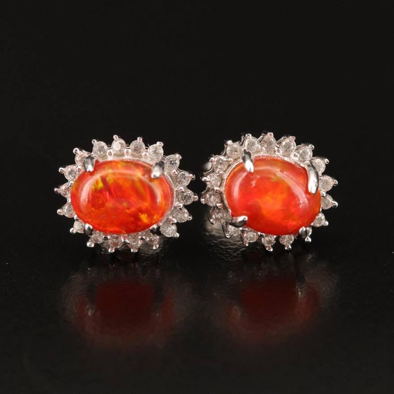 Vintage Fire Opal Halo Studs, CZ Diamonds and Ste… - image 4