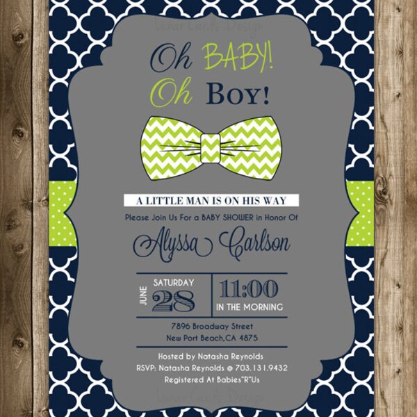 Baby shower Invitation boy, Bow Tie Baby Shower, green invitation, Baby Boy,Chevron invitation,Digital,oh boy, oh baby, Printable