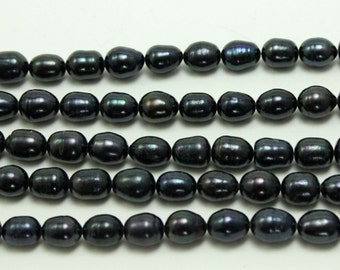 Inky Black 7 - 9mm  Oval Peacock Pearls, Freshwater Cultured Pearl Beads, nicely shaped large oval/rice pearls, 16 inch strand, #6819