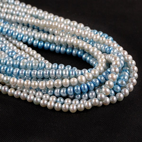 Pale Blue 6-7mm  Button Pearls, Freshwater Cultured Pearl Beads, nicely shaped button/rondelle pearls, 16 inch strand, #6237