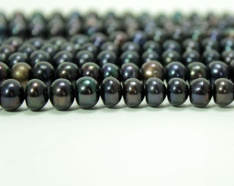 Black Peacock 6 - 7mm Button Pearls, Freshwater Cultured Pearl Beads, nicely shaped button pearls, 16 inch strand, #6837