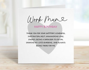 Work Mum birthday, retirement, Mother's Day card, Mothers day, Work Mum card, Work Mum , mothers day card thank you, Inspirational Work Mum,