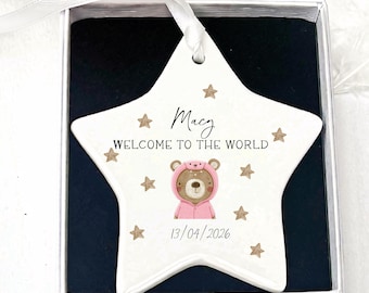 Personalised New Baby Hanging Star Keepsake Gift Cute Teddy Nursery Decoration Baby Boy Girl