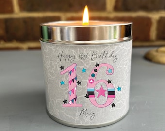Personalised 16th Birthday Candle: Hand Poured Sparkle Tin
