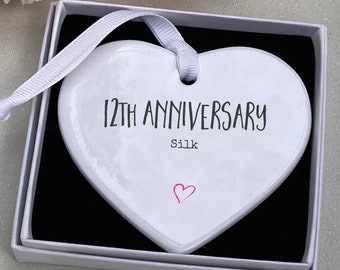12th Anniversary Ceramic Heart Keepsake Ornament