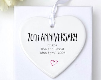 Personalised 20th Anniversary gift Heart Keepsake, China 20th Anniversary