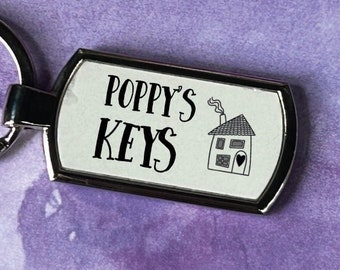 May include: A silver key chain with a white rectangular tag that says "Poppy's Keys" with a small house illustration.