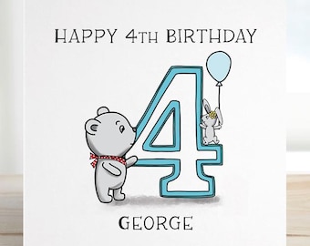 4th Birthday card, personalised birthday for son, daughter, grandchild, niece, nephew, goddaughter, godson