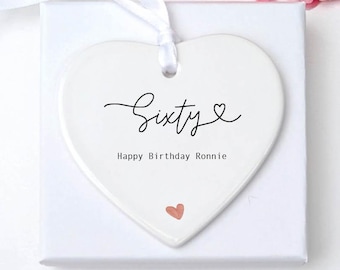 Personalised 60th Birthday Heart Keepsake Gift with Modern Script for Mum or Friend