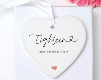 Personalised 18th Birthday Ceramic Heart Gift, Modern Script Keepsake with Name for Daughter Friend Sister