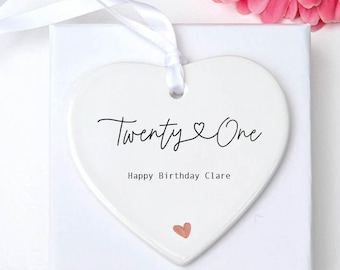 Personalised 21st Birthday Heart Gift, Modern Script Name Keepsake, Ceramic Decoration for Her Custom