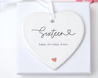 Personalised 16th Birthday Ceramic Heart Gift, Modern Script Keepsake with Name for Daughter Friend Sister
