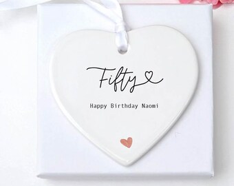 Personalised 50th Birthday Heart Keepsake Gift | Custom Fifty Ceramic Hanging Decoration for Her