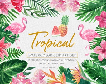 Tropical Leaf Watercolor Clipart, Summer Clipart, Jungle Clipart, Watercolor Floral Clipart, Greenery Clipart, Palm Leaf, Digital Watercolor