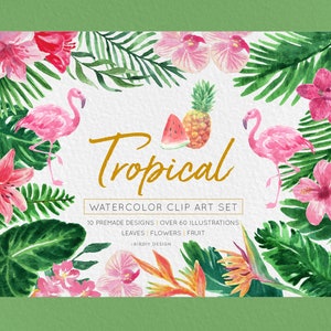 Tropical Leaf Watercolor Clipart, Summer Clipart, Jungle Clipart, Watercolor Floral Clipart, Greenery Clipart, Palm Leaf, Digital Watercolor
