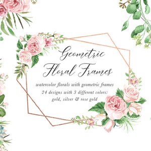 Watercolor Rose Clipart Set - Watercolor Flower Clipart - Silver Rose Gold Foil - Greenery Clip Art - Geometric Frame Clipart - Watercolour