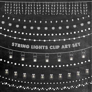 May include: A set of 6 black and white string light clip art images. The images feature different styles of string lights, including lights with bulbs, lights with mason jars, and lights with a simple string of dots. The text "STRING LIGHTS CLIP ART SET" is included in the image.