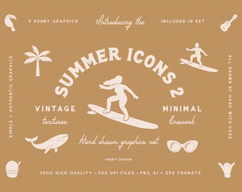 Summer Clipart Icon Set - Beach Clipart - Tropical Clipart - Surf, Palm Tree, Whale, Toucan, Dessert, Sunglasses, Ukulele - Instant Download