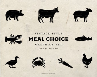 Meal Choice Icon - Wedding Meal Choice Icons - Beef, Chicken, Pork, Vegetarian, Fish, Lobster, Crab, Lamb, Duck, Carrot - Instant download