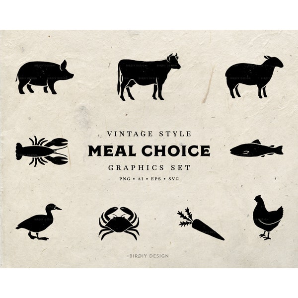 Meal Choice Icon - Wedding Meal Choice Icons - Beef, Chicken, Pork, Vegetarian, Fish, Lobster, Crab, Lamb, Duck, Carrot - Instant download