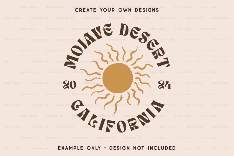May include: A brown and tan graphic design with the text "Mojave Desert California" in a retro font. The design features a stylized sun with rays and the numbers 20 and 24.