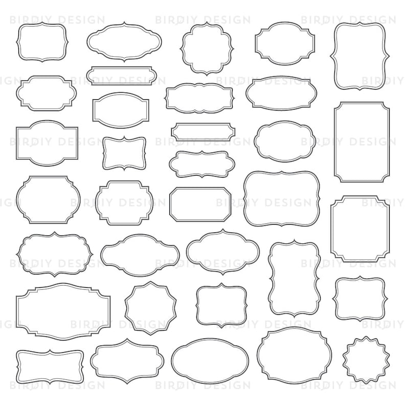 May include: A set of 30 black and white frame outlines. The frames are various shapes and sizes, including square, rectangle, oval, and circle.