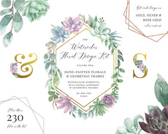 Watercolor Greenery Clipart Set  - Geometric Frame - Wedding Frame Clipart - Succulent - Gold Foil - Silver Foil - Rose Gold Foil - PNG