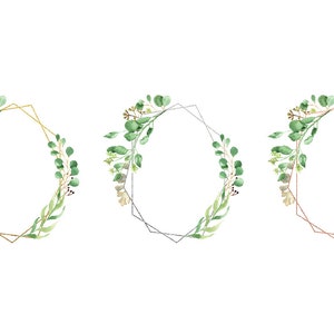 May include: Three geometric oval frames with greenery and small white flowers. The frames are gold, silver, and rose gold.
