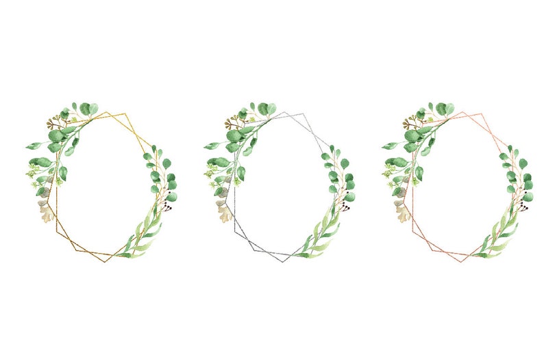 May include: Three geometric oval frames with greenery and small white flowers. The frames are gold, silver, and rose gold.