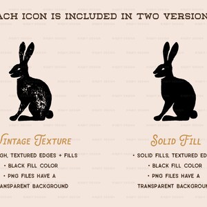 May include: Two versions of a black rabbit illustration. The first version has a vintage texture with rough edges and fills. The second version has a solid fill with textured edges. Both versions have a transparent background.