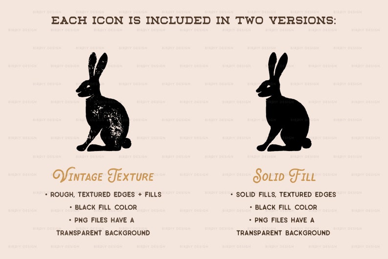 May include: Two versions of a black rabbit illustration. The first version has a vintage texture with rough edges and fills. The second version has a solid fill with textured edges. Both versions have a transparent background.