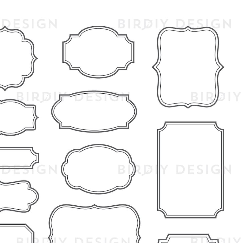 May include: Set of ten black and white outline frames with various shapes and sizes. The frames are perfect for adding a touch of elegance to any project.