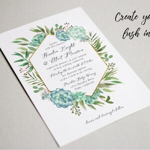 May include: A wedding invitation with a gold geometric frame surrounded by watercolor greenery and succulents. The invitation reads "Amelia Knight & Elliot Morrison" and includes the wedding date, time, and location.