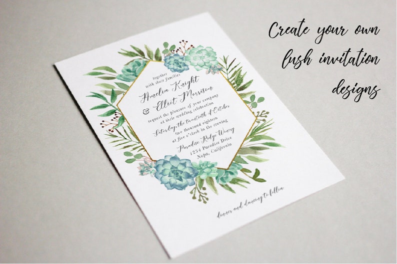 May include: A wedding invitation with a gold geometric frame surrounded by watercolor greenery and succulents. The invitation reads "Amelia Knight & Elliot Morrison" and includes the wedding date, time, and location.