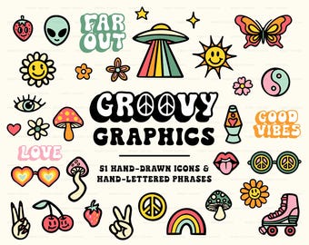 Puede incluir: Un conjunto de 51 gráficos groovy, que incluyen iconos dibujados a mano y frases escritas a mano. Los gráficos presentan una variedad de diseños retro, incluyendo signos de paz, flores, hongos, arcoíris y caras sonrientes. Los gráficos son de varios colores, incluyendo rosa, amarillo, verde, azul y rojo.