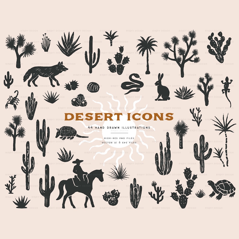 May include: A set of 44 black and white hand-drawn desert icons. The icons include cacti, snakes, armadillos, lizards, a cowboy riding a horse, a turtle, a rabbit, and more. The icons are perfect for use in digital or print projects.