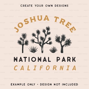 May include: A vintage-style illustration of Joshua Tree National Park in California. The text "Joshua Tree" is in a brown arch above a stylized image of Joshua trees and the text "National Park" and "California" below.