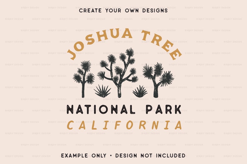 May include: A vintage-style illustration of Joshua Tree National Park in California. The text "Joshua Tree" is in a brown arch above a stylized image of Joshua trees and the text "National Park" and "California" below.