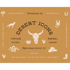 Ícones do deserto Clipart vintage • Clipart do deserto • Clipart do sudoeste • Ícone desenhado à mão • Cacto Chapéu de cowboy Caveira Planta Cobra - Download instantâneo