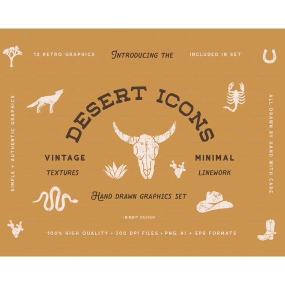 Desert Icons Vintage Clipart • Desert Clipart • Southwest Clipart • Hand Drawn Icon • Cactus Cowboy Hat Skull Plant Snake - Instant Download