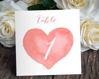 Printable Table Number - Pink Heart - Watercolor - Wedding Table Number - Folded, Double Sided - Rustic Wedding - Printable Wedding PDF