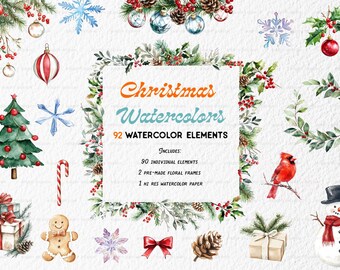 Christmas Watercolor Clipart - Christmas Clipart - Holiday Clipart - Snowflake Clipart  - Watercolor Flowers - Watercolor Wreath Clipart