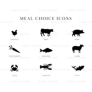 Wedding Meal Choice - Meal Choice Icons - Bœuf, Poulet, Porc, Végétarien, Fruits de mer, Poisson, Agneau - Clipart de mariage - Téléchargement instantané