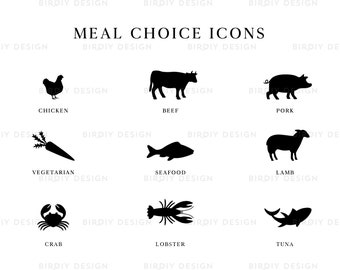 Wedding Meal Choice - Meal Choice Icons - Beef, Chicken, Pork, Vegetarian, Seafood, Fish, Lamb - Wedding Clipart - Instant Download