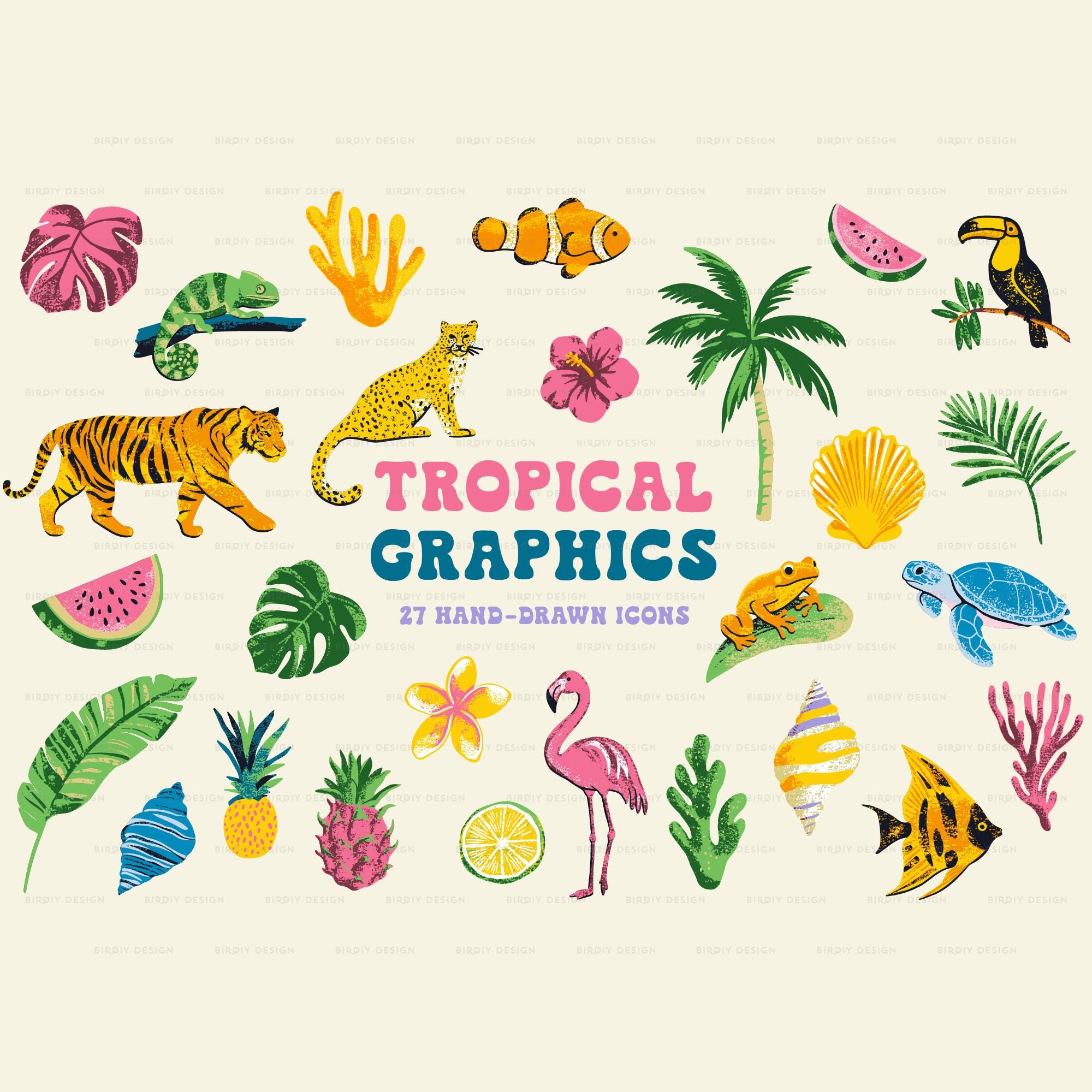 Tropical Icons Vintage Clipart • Tropical Clipart • Hand Drawn