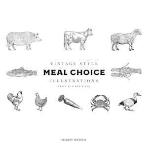 Meal Choice Icon - Wedding Meal Choice Icons - Bœuf, Poulet, Porc, Végétarien, Poisson, Homard, Crabe, Agneau, Canard, Carotte - Téléchargement instantané