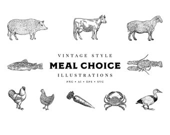 Meal Choice Icon - Wedding Meal Choice Icons - Beef, Chicken, Pork, Vegetarian, Fish, Lobster, Crab, Lamb, Duck, Carrot - Instant download