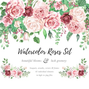 Aquarelle Rose Clipart - Marsala Rose - Aquarelle Floral Clipart - Bourgogne Clipart - Cadre & Bouquet Clipart - Fleurs Clipart